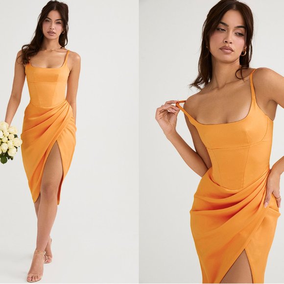House of CB ‘Bianca’ Tangerine Satin Pleated Corset Midi Dress NWOT - Picture 2 of 12
